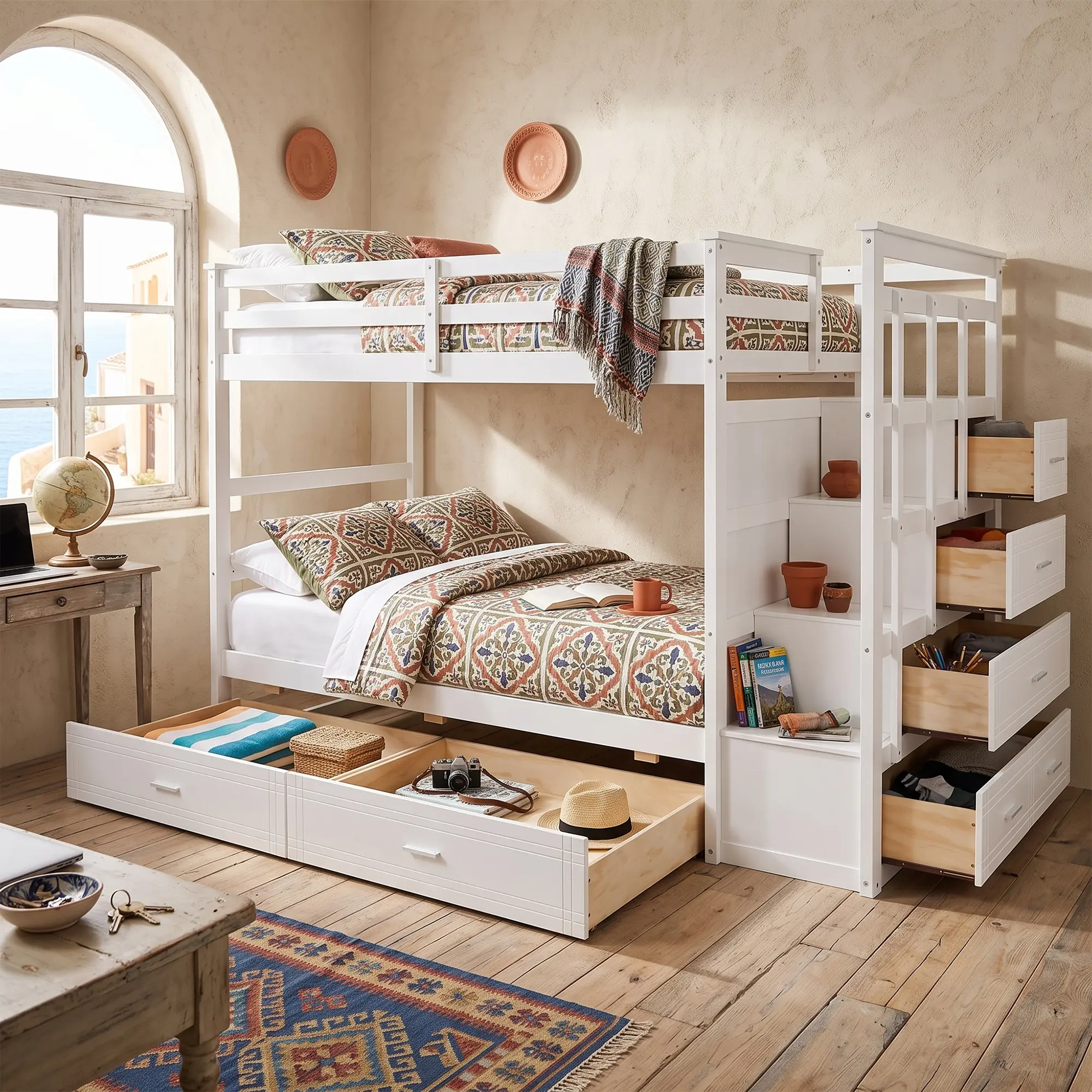 ARCH Twin Over Twin Bunk Bed with Staircase and 6 Drawers, Solid Wood White Bed Frame for Kids Bedroom, Space-Saving Loft Bed with Storage, 97L x 43W x 65H, No Mattress Needed, Twin Size Options, White Color Options, Solid Wood Material
