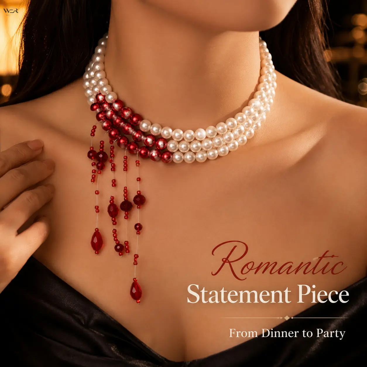 Necklace Pearl Red Tassel Choker 3 Layer Ivory Bead Silver Clasp Adjustable Lightweight Feminine Summer Gift for Women Girls Daily Wear Special Occasion Perfect Accessory