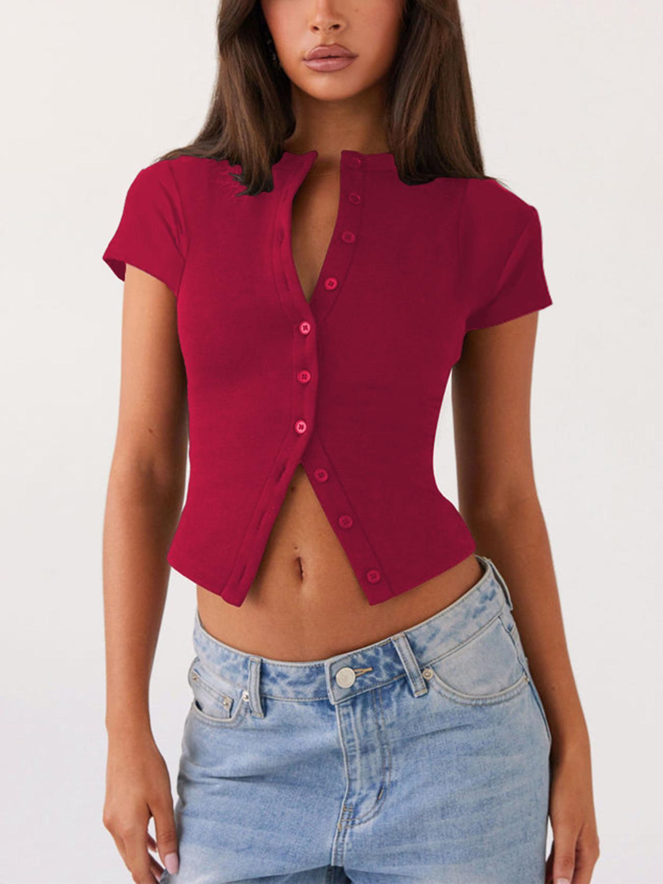 Women's Plain Button Front Ribbed Tee, Casual Slim-fitting Short Sleeve T-shirt for Daily Wear, Ladies Clothes for All Seasons, Cute Basic Tops, Womenswear