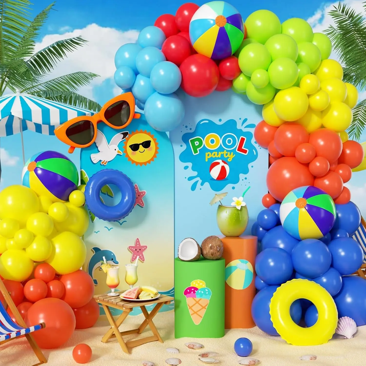 Complete 160Pcs Pool Beach Party Decorations - Hawaiian Tropical Balloon Garland Arch Kit with Beach Ball for Summer Luau Birthday Outdoor Pool Party Baby Shower Gender Reveal Decor