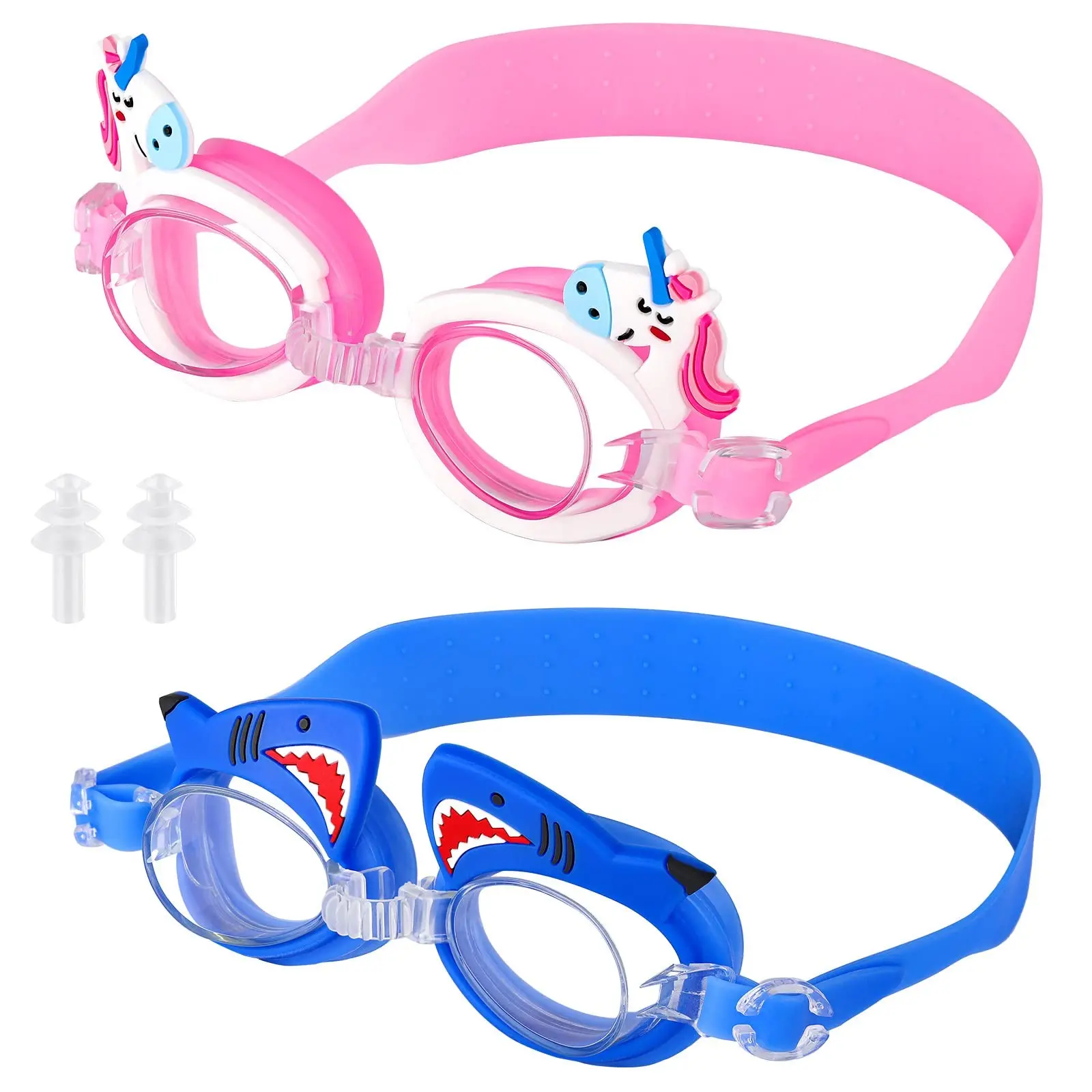 2 pairs of children's swimming goggles: anti-fog and UV-protective goggles with earplugs. Creative and cute cartoon-themed swimming goggles—a must-have for bath time—suitable for boys and girls aged 3–9. Funny Goggles