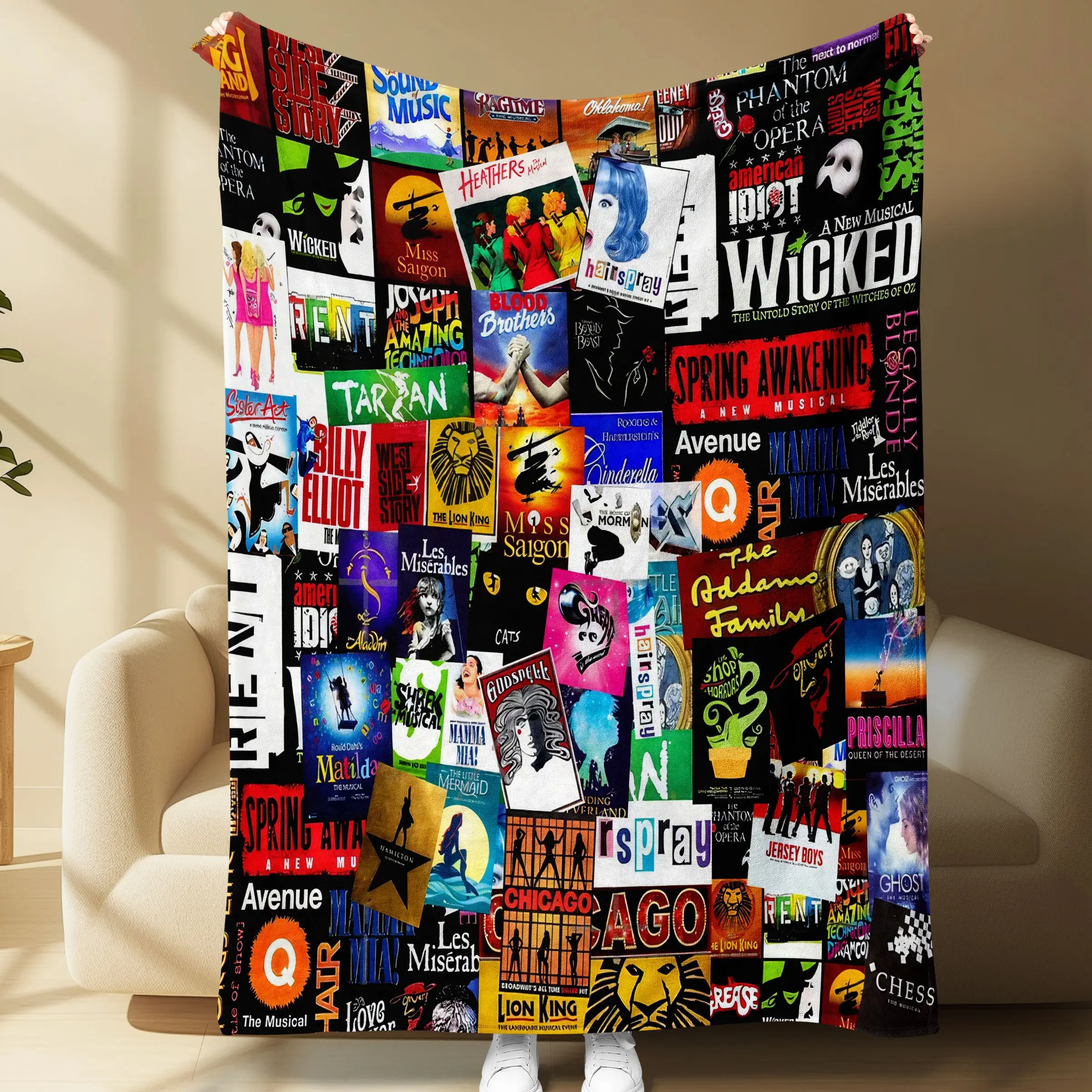 Broadway Musical Theater Show Poster Collage Flannel Blanket Soft Warm Throw Blanket, Decorative Couch Bedroom Nap Blanket, Giftable Plush Comfortable Stage Play Home Blanket For Musical Fans All Seasons