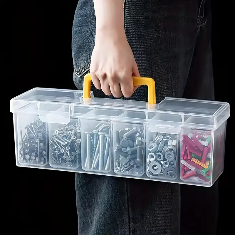 14/21Pcs Portable Handheld 6 Grid Clear Hardware Storage Box, Transparent Multi Compartment Small Parts Organizer Case, Multipurpose Container for Screws Nuts Hardware Tiny Toys Home Garage Sorting