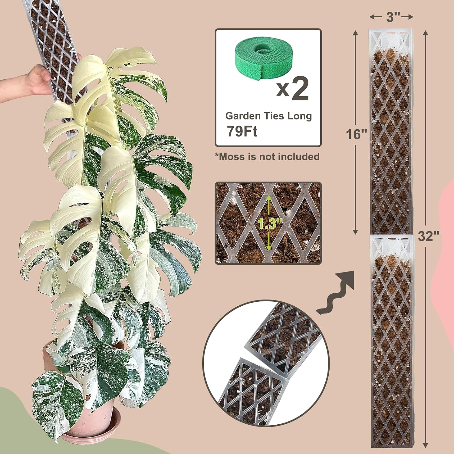16 Inch 6 count Plastic Moss Pole for  Monstera,Stackable D Shape Moss Pole for Indoor Climbing  with 2 count Garden Ties Work with Sphagnum Moss
