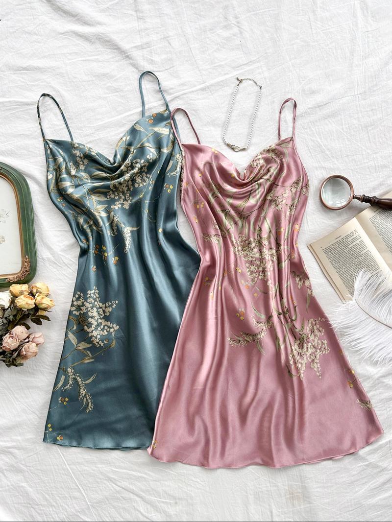 Women's Floral Print Cami Nightdress, Draped Spaghetti Strap Sleeveless Nightgown, Soft Comfy Sleepwear Loungewear Set for Women