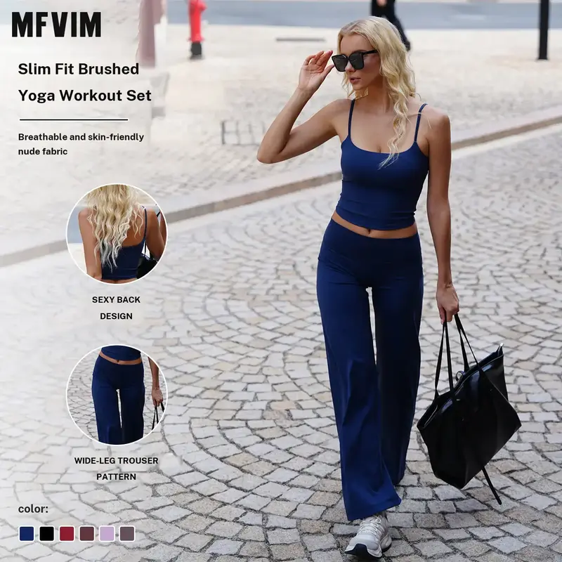 MFVIM Women's 2-Piece Sporty Sweatsuit Set - Brushed Slim-Fit Yoga Tank Top & Wide-Leg Yoga Bottoms, Comfortable Workout Running Clothes for Spring/Fall Daily Wear, Women's Workout Sets Travel Essential