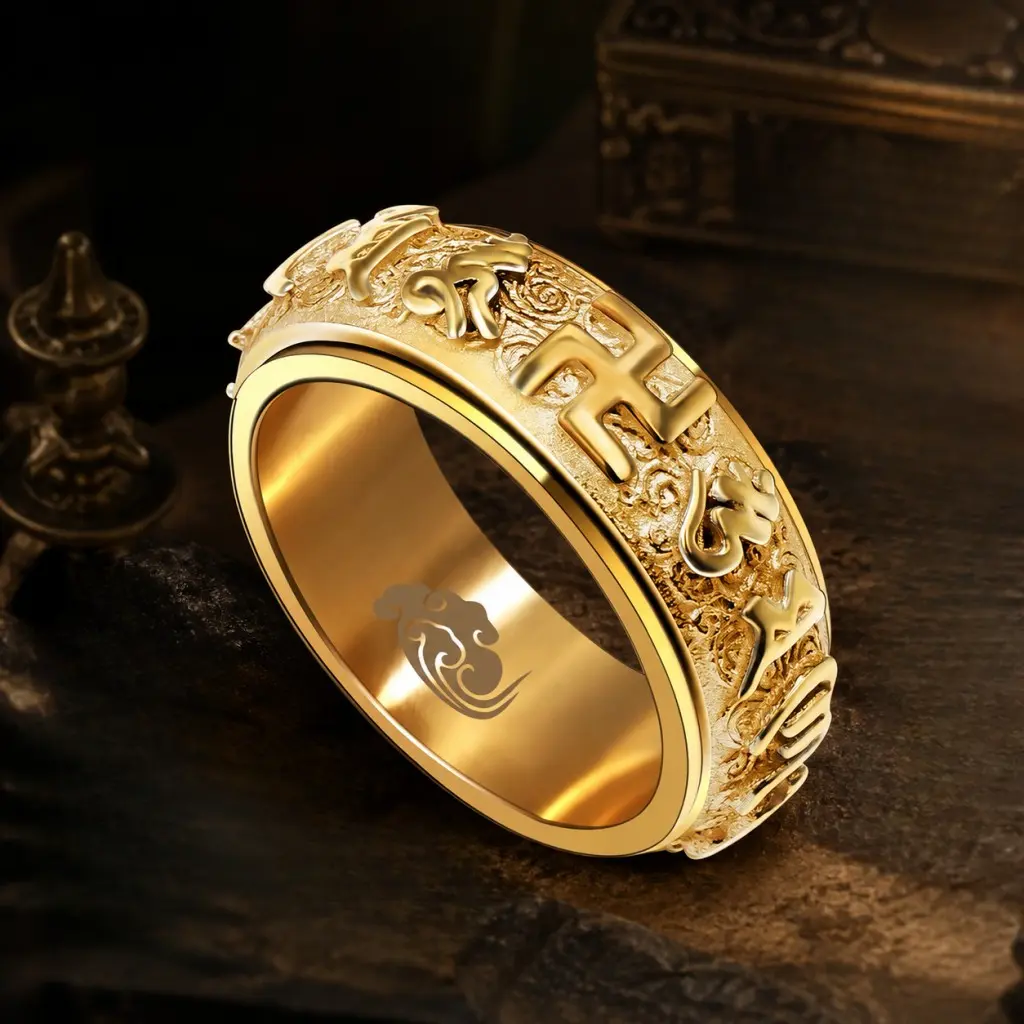 Gold Plated Stainless Steel Spinner Ring for Men Women, Vintage Embossed Rotatable Fidget Ring for Anxiety Relief, Unisex 8MM Wide Stress Relief Meditation Band Ring, Tarnish Resistant Comfort Fit Wedding Band, Trendy Fashion Jewelry Gift