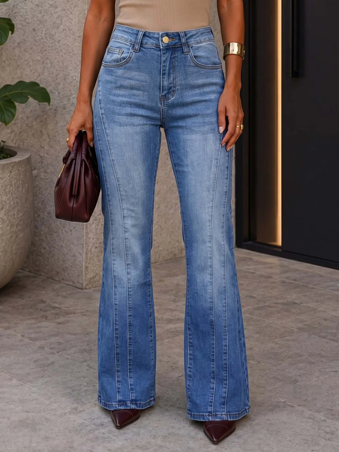 Mid Waist Vertical Stripe Denim Jeans, Light Blue Vintage Wash Stretch Flare Jeans, Y2K American Street Style, Retro Fashion