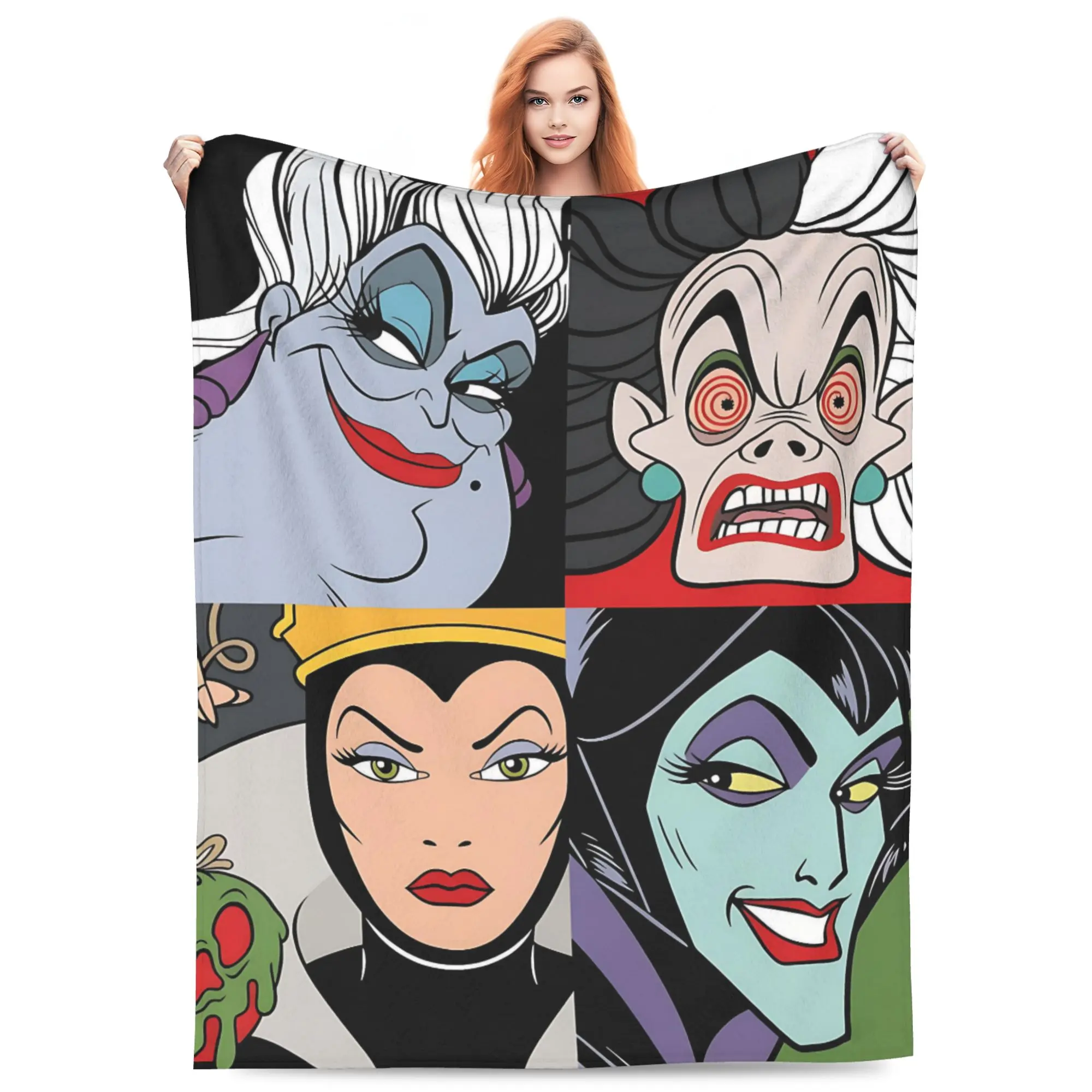 DISNEY CLASSIC Villains Grid Portrait Throw Blanket, Ursula Cruella Evil Queen Maleficent Four-Panel Cartoon Collage Bold Classic Art Flannel Fleece Blanket, eye-catching gift for Disney villain fans and Halloween seasonal decor.