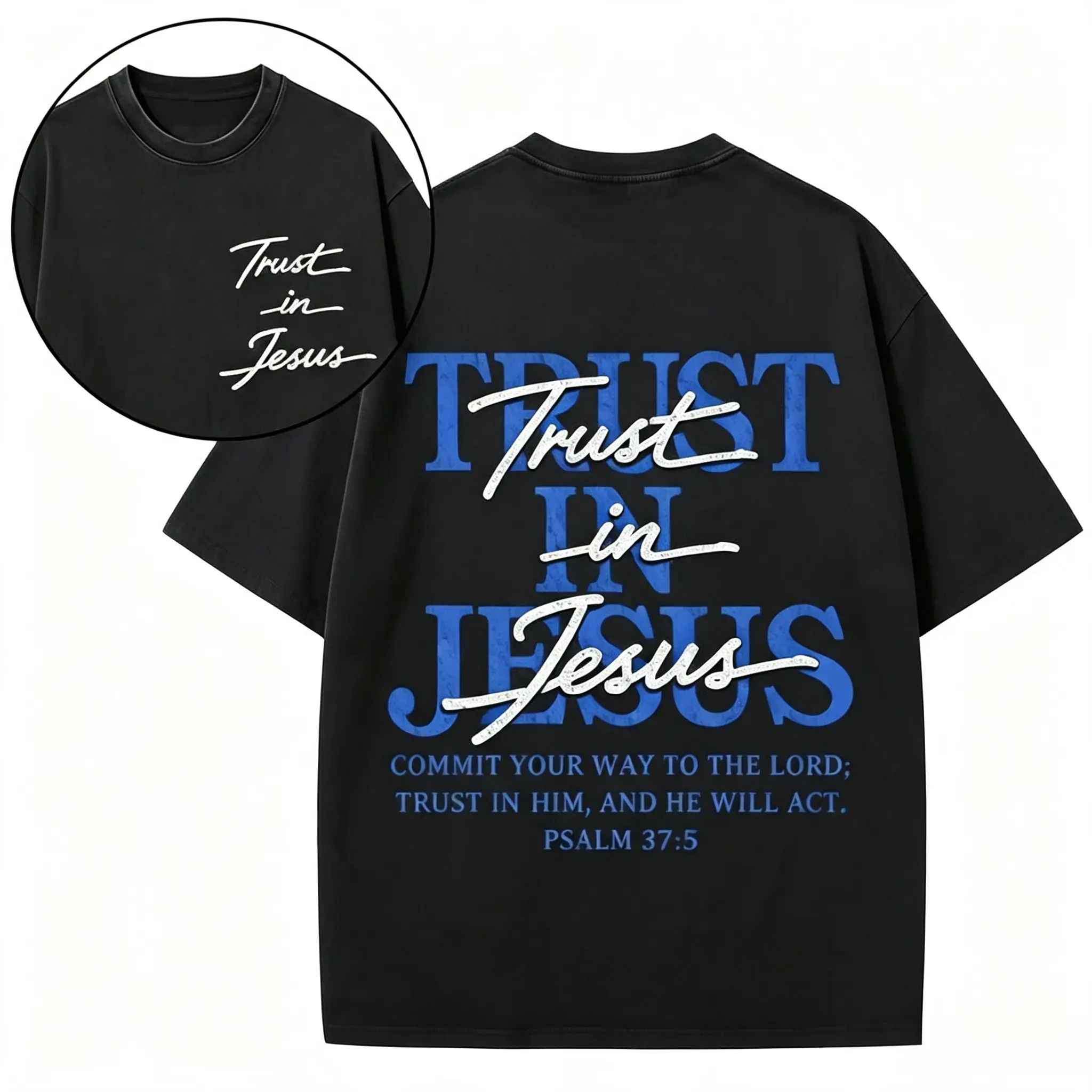 Christian Tee, "Trust in Jesus" Psalm 37:5 Bible Verse Design, Faith-Based Gift for Men & Women