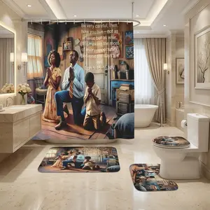 Scripture Home Blessing Shower Curtain Set – Soft Textile with Vintage Wooden Interior, Family in Prayer, and Inspirational Eph.5:15-16 Message, Thick Bath Mat for Dreamy Baths, Ideal for Sunday School Retreats or New Year’s Faith Renewal Moments
