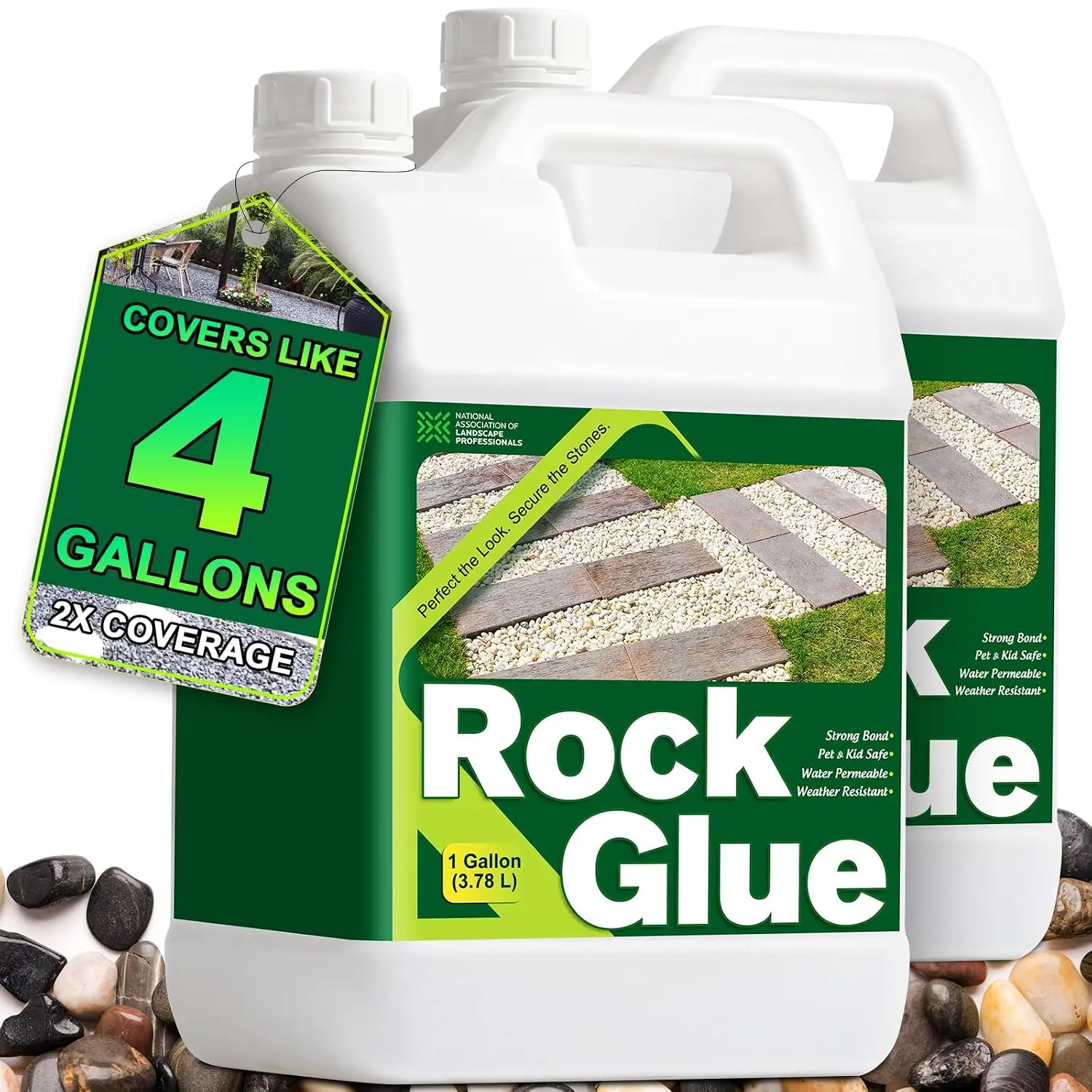 Rock Glue for Landscaping:2 Gallon 2X Concentrated Gravel Glue for Pea Gravel & Small Stones, 10,000 mPa·s High-Viscosity Formula for  Hold, Covers up to 560 sq ft, Water Permeable