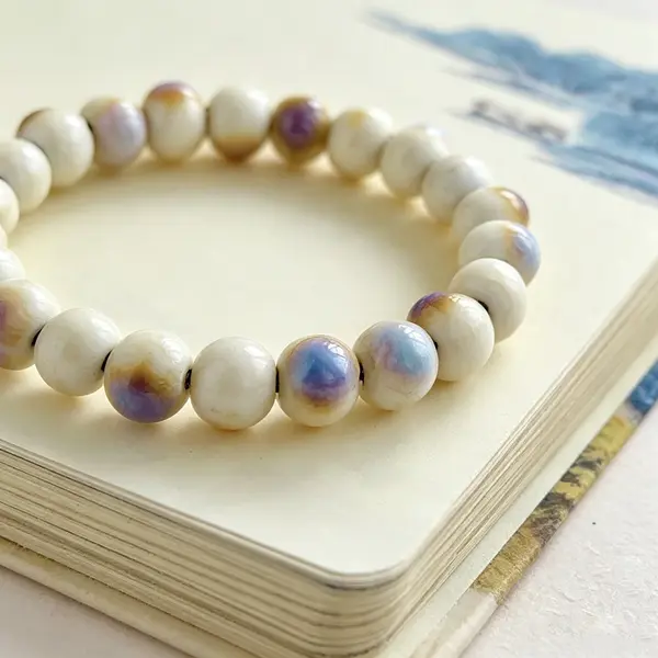 Handmade Cream Purple Reactive Glaze Ceramic Round Beaded Bracelet - Artisan Jewelry lucky gift