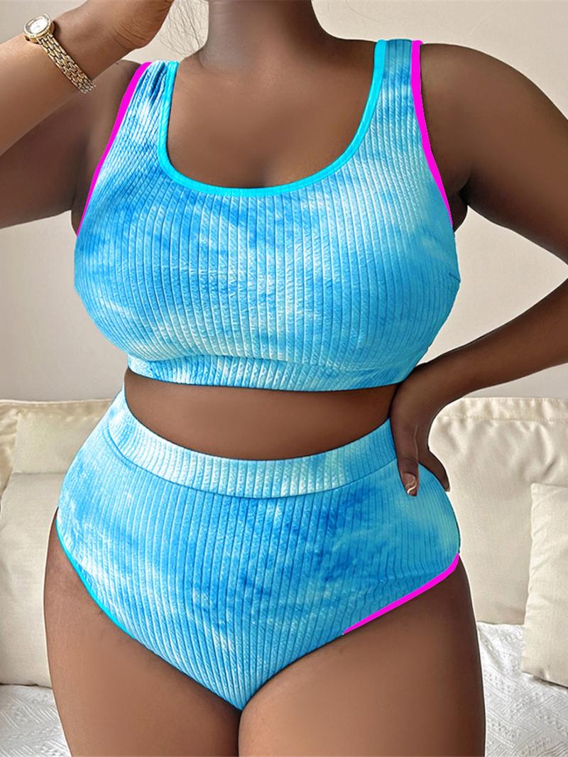 Two-Piece Set Plus Size Women's Tie Dye Print Contrast Binding Tankinis Set, Chic U Neck Swim Top & High Waist Swim Bottom, Women's Summer Outfits 2024, Tankini Bottoms Set
