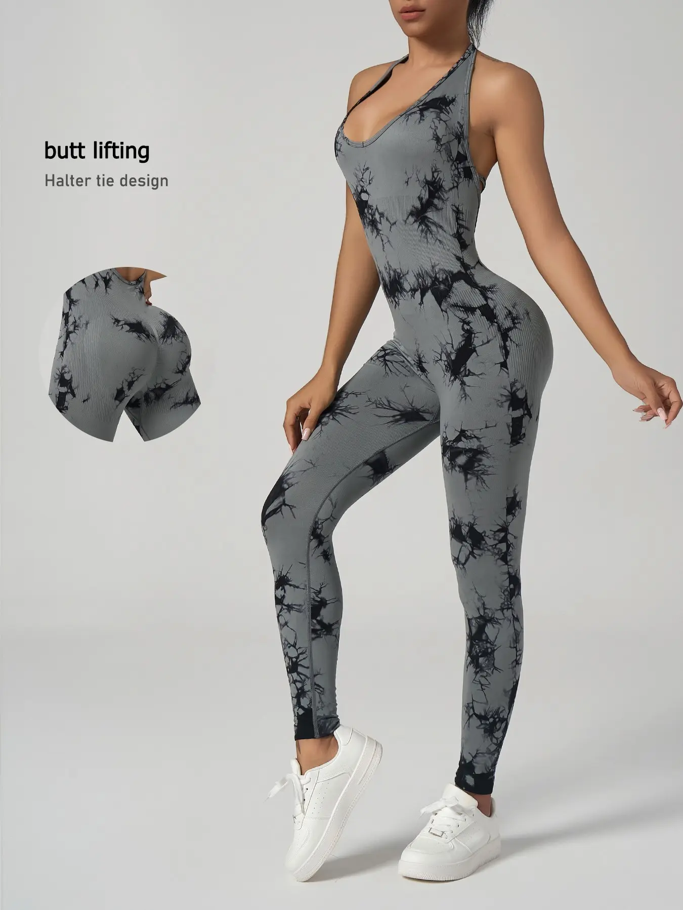Women's Seamless Knit Sports Jumpsuit, High Elasticity, Breathable, Sweat-Wicking, U-Neck Design, Tie-Dye Print, Trendy Atmosphere
