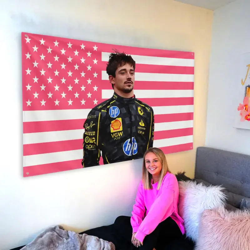 Charles Leclerc Pink USA Flag Polyester Tapestry Wall Hanging: F1 Fan Wall Decor