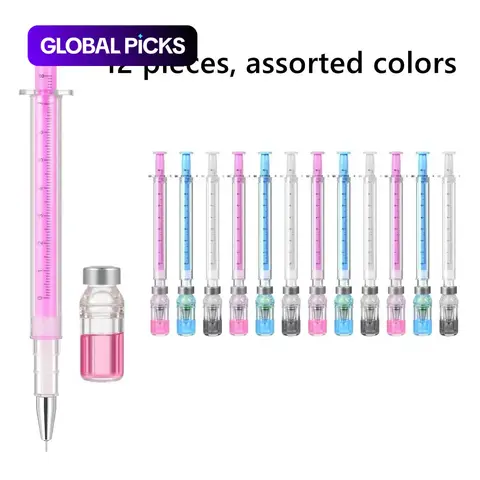 12 PCS Syringe Pen Bulk, Pen Pack, 0.5mm Black Ink Needle Pens for Writing - 6.18in Syringe Pens for Nurses, Medical Theme Gel Pen, Office Party Favors, Rollerball Pen Set, Multi Purpose Cool Pens #GLOBAL PICKS