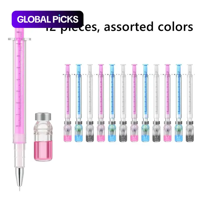 12 PCS Syringe Pen Bulk, Pen Pack, 0.5mm Black Ink Needle Pens for Writing - 6.18in Syringe Pens for Nurses, Medical Theme Gel Pen, Office Party Favors, Rollerball Pen Set, Multi Purpose Cool Pens #GLOBAL PICKS