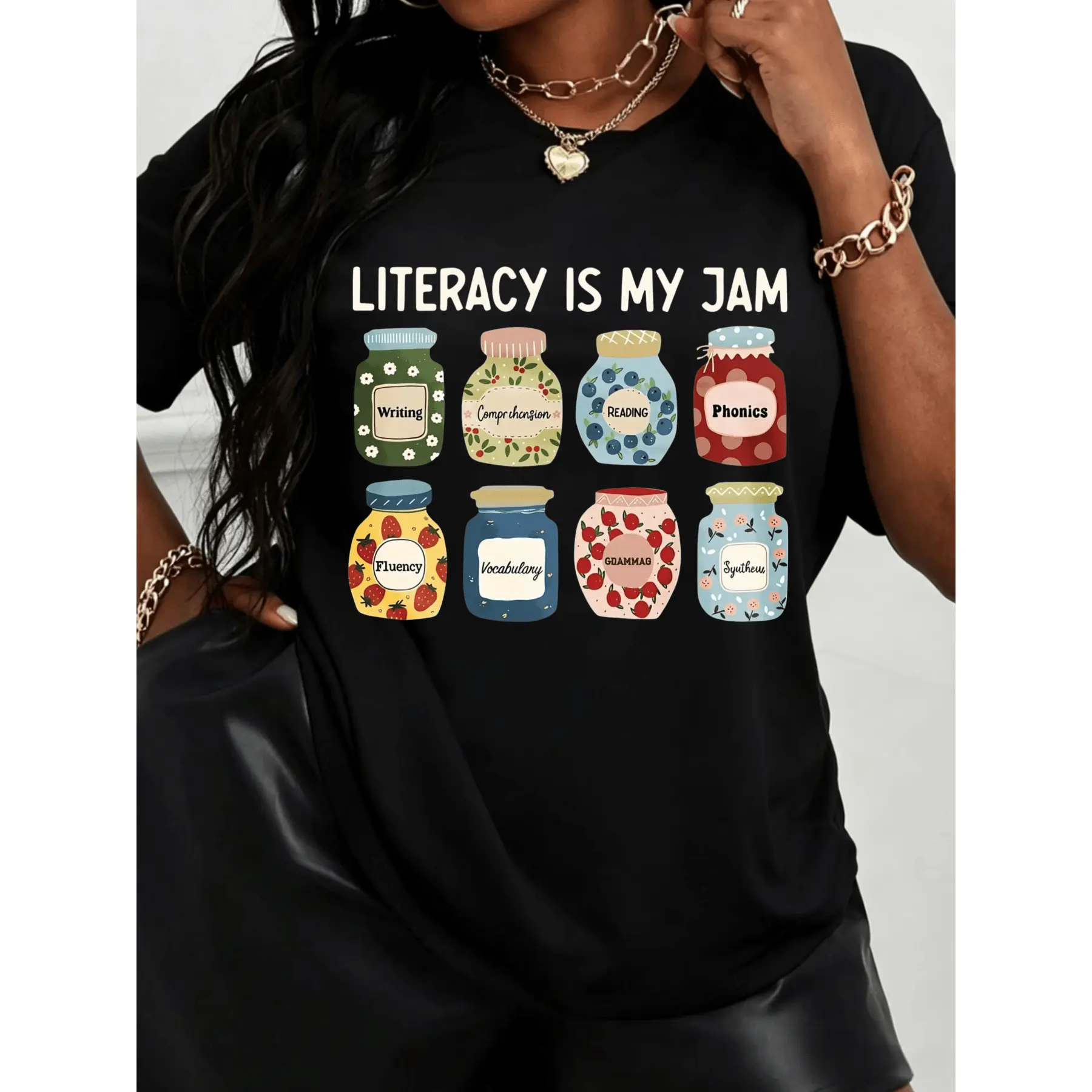 Literacy Is My Jam, Women's Printed T-Shirt, Colorful Jam Jars With Reading And Writing Labels, Soft Cotton Blend, Teachers And Book Lovers king message golf gift t-shirt Men's UV Protective Active Long Sleeve Shirt tee gift