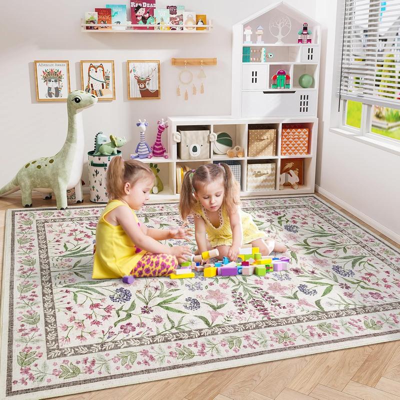 Amearea 8x10 Area Faux Cashmere Rugs for Living Room, Washable Area Rugs 8 x 10 Pink Floral Rug, Vintage Low Pile Cute Room Print Carpet, Non Slip Office Nursery Bedroom Dining Room Farmhouse Decor