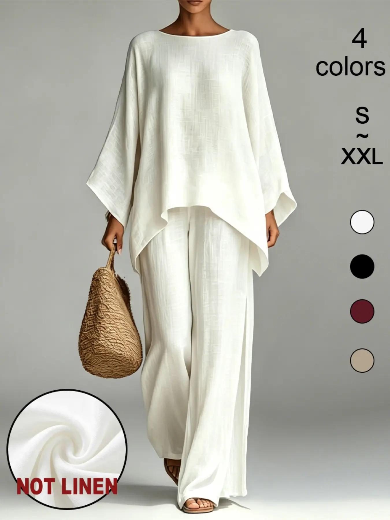 F6260 Clean Girl Minimal Resort Two-Piece Suit, Women Round Neck Oversized Batwing Blouse with Uneven Hem & Flowy Wide Leg Trousers, Textured Airy Soft Life Quiet Luxury Outfit for Holiday Travel and Casual Home Loungewear.