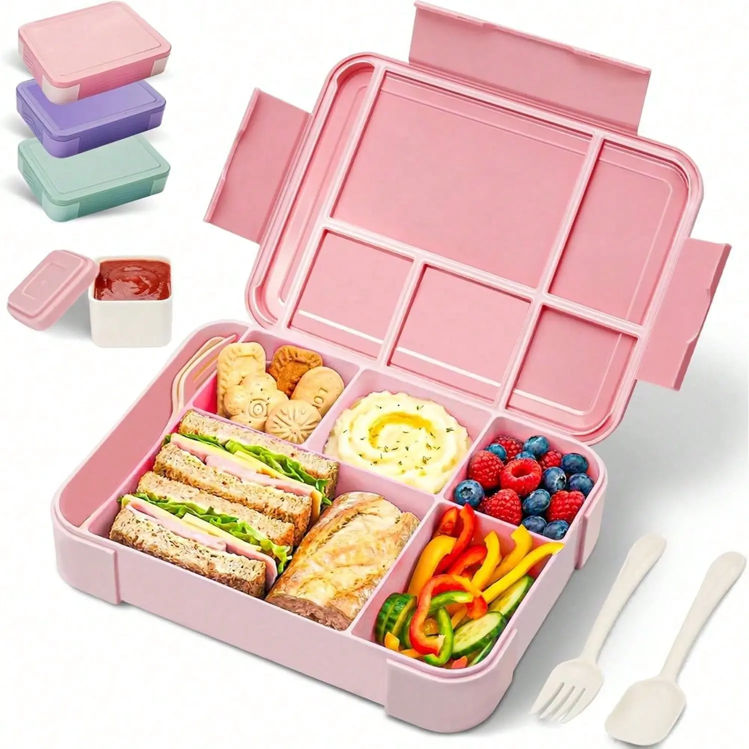 Adult Lunch Box, 1300ML Leak-Proof Bento Box, 5 Compartments, Sauce Pot, Utensils, BPA-Free, Microwave & Dishwasher Safe