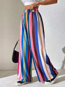 Women's Rainbow Striped Wide Leg Pants, Fashionable Long Trousers, Trendy Boho Style, Comfortable Fit, Perfect for Casual Wear
