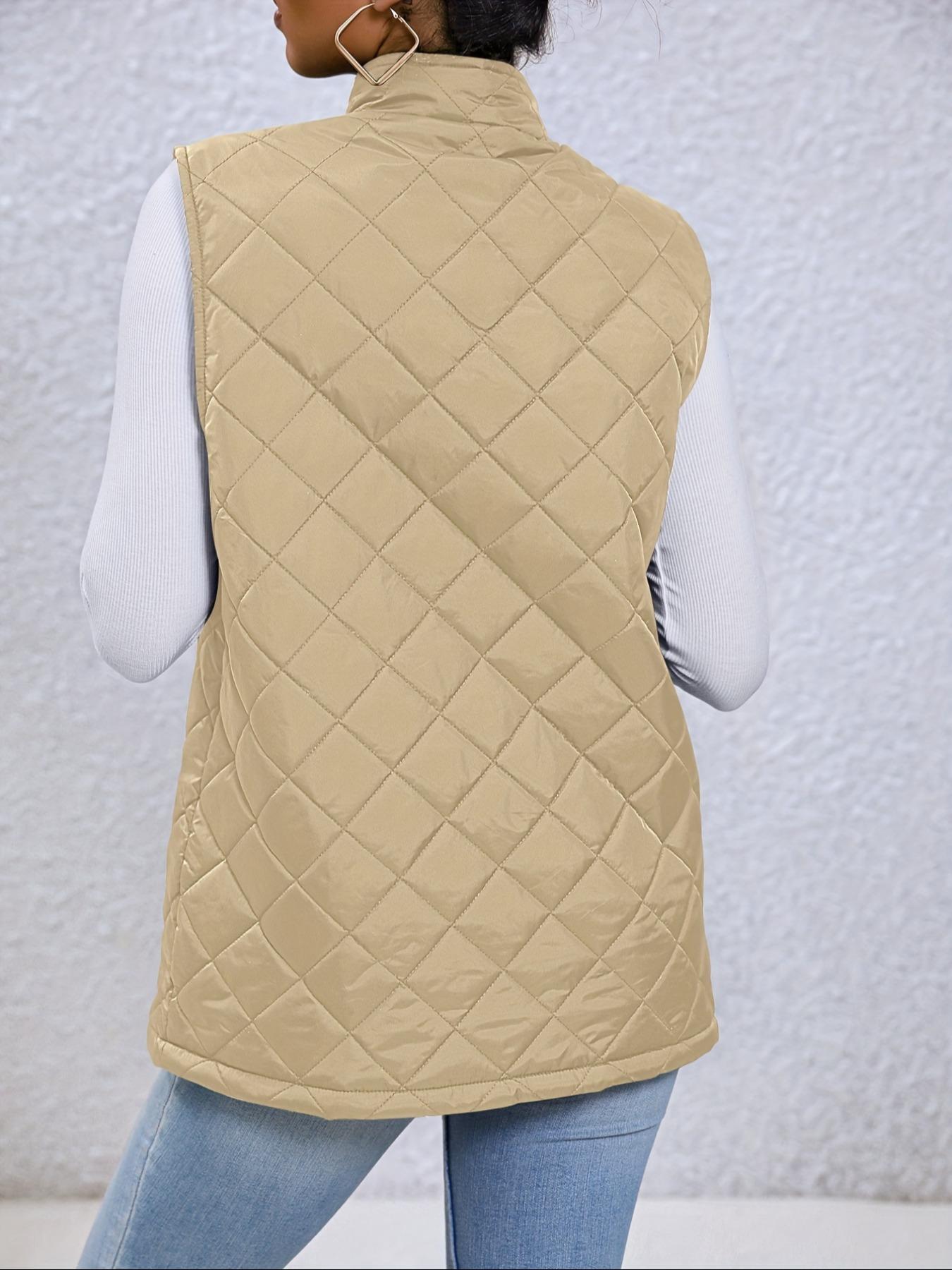 Women's Solid Mock Neck Zip Up Quilted Vest Coat, Casual Pocket Zipper Sleeveless Outerwear For Fall & Winter, Women's Clothes For Daily Wear