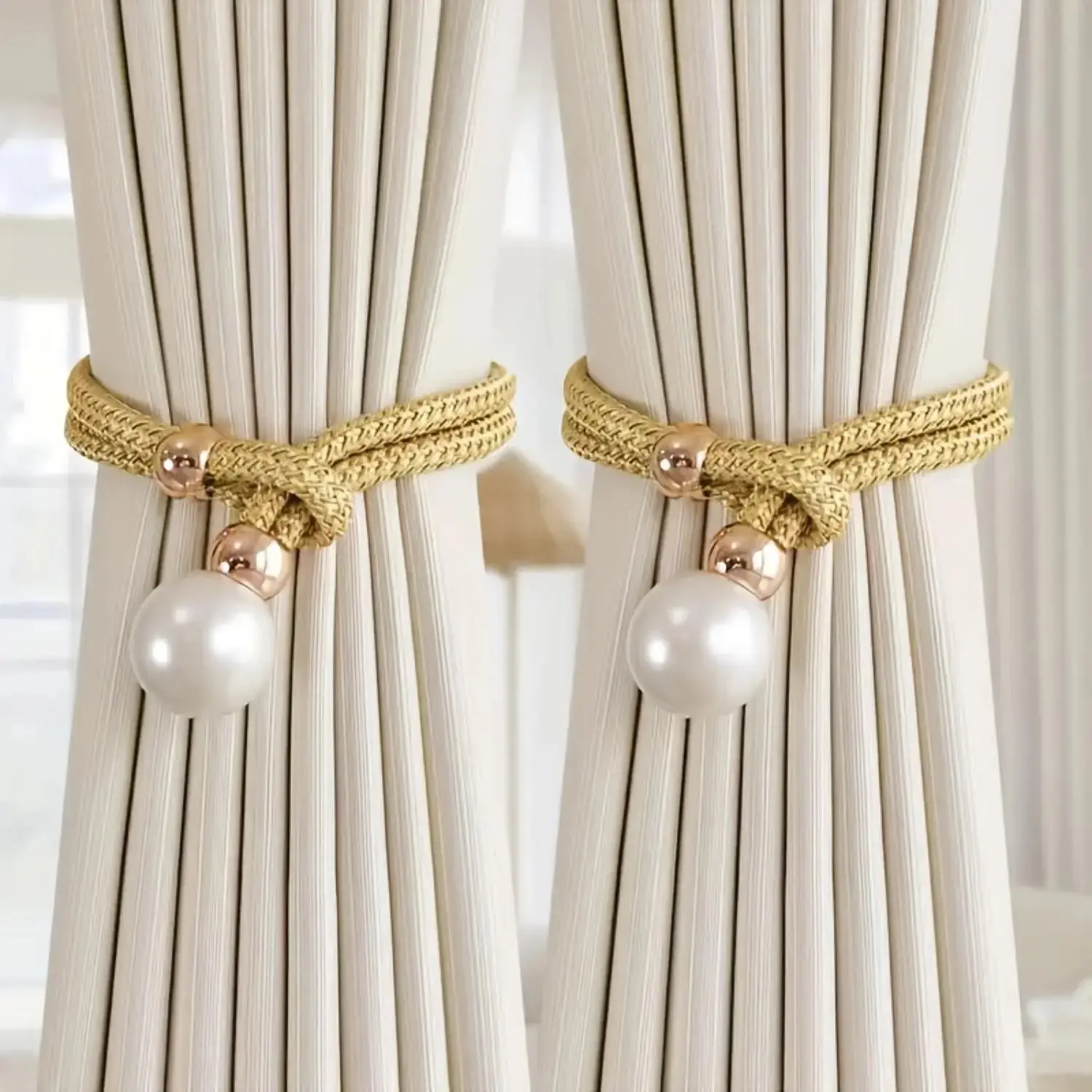 Elegant Pearl-Style Curtain Tiebacks, 2-Pack Adjustable Ropes, Fashionable Curtain Accessories, Home Decor, Indoor Decoration Supplies