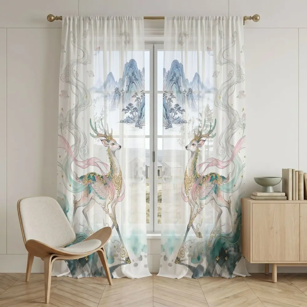 2pcs Ink Wash Mountain & Deer 2D Printed Sheer Curtains, Art Style Curtains, lightweight breathable fabric for all seasons, elegant traditional Chinese style. Fits living room, bedroom, balcony, bay window and over 99 indoor decoration scenes.