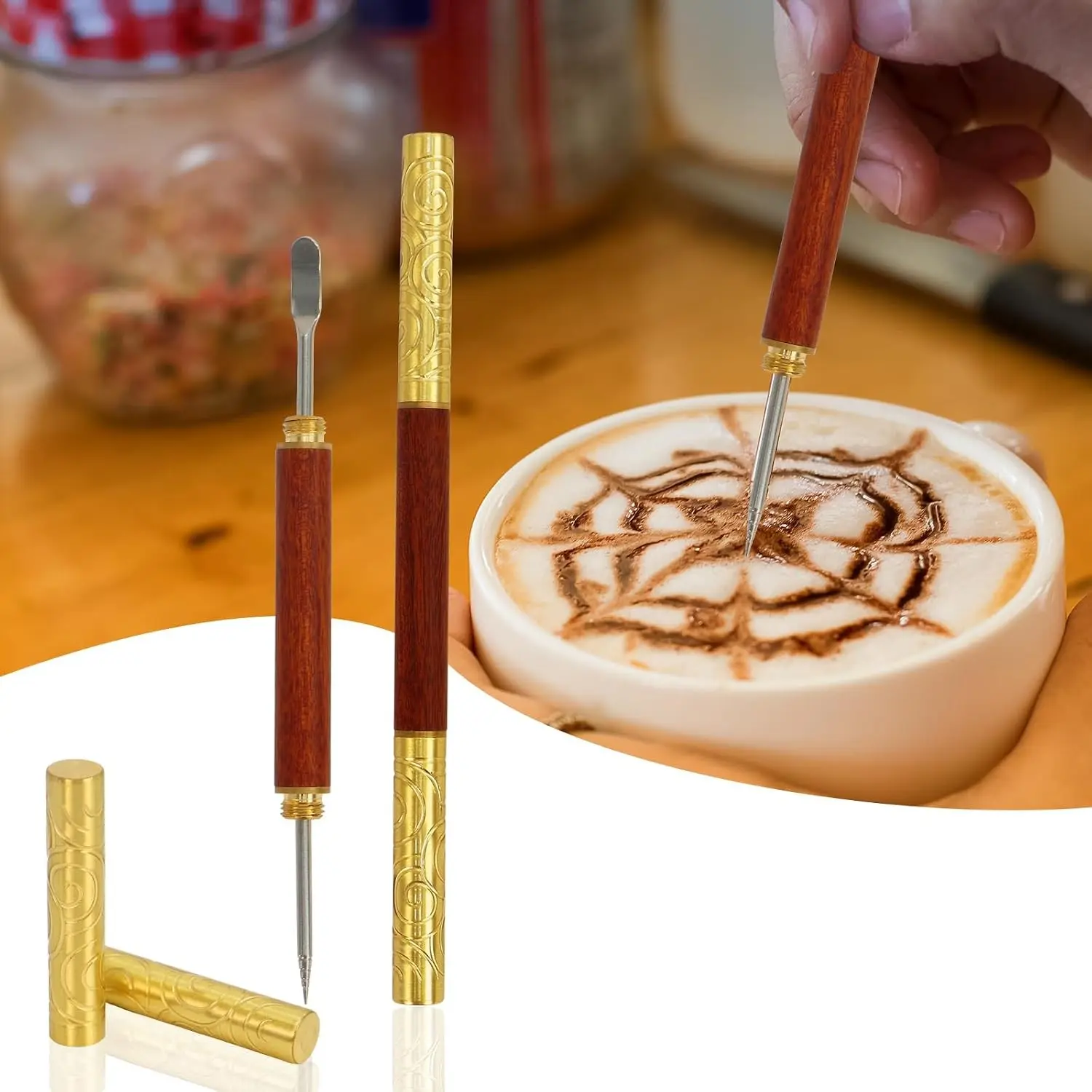 Latte Art Pen 1Pcs,Stainless Steel and Brass with Rosewood Handle of Tools | Barista Tools for Art on Latte,Cappuccino,Espresso - Perfect Coffee Accessories for Coffee Bar