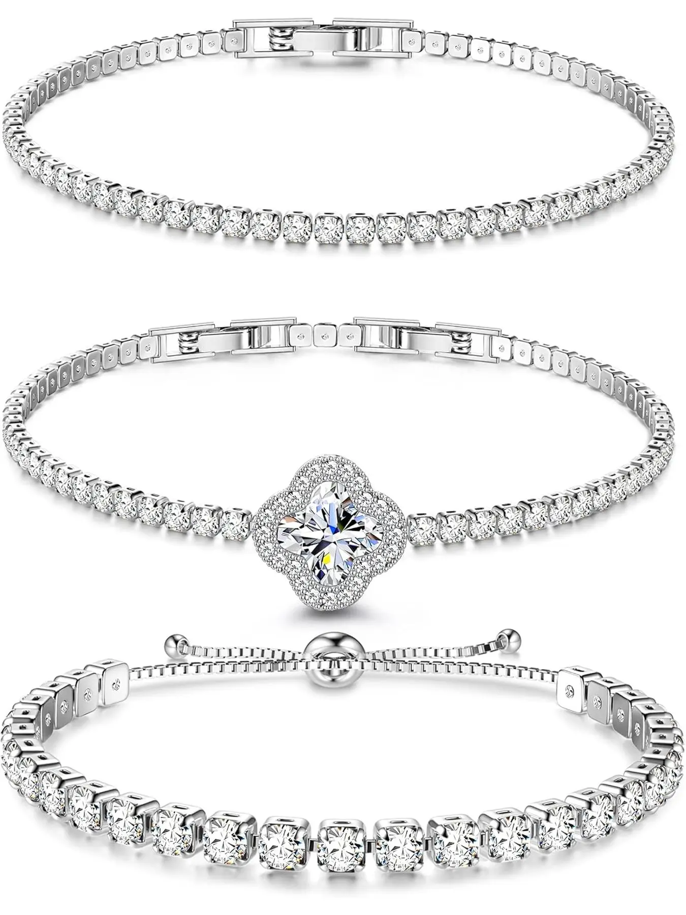 Silver Tennis Bracelets for Women Cubic Zirconia Bracelet Diamante Diamond Bracelets Glitter Silver Sparkle Crystal Bracelet Stack Gifts Jewellery Christmas Birthday 3 Pieces Trendy Stackable Bangle