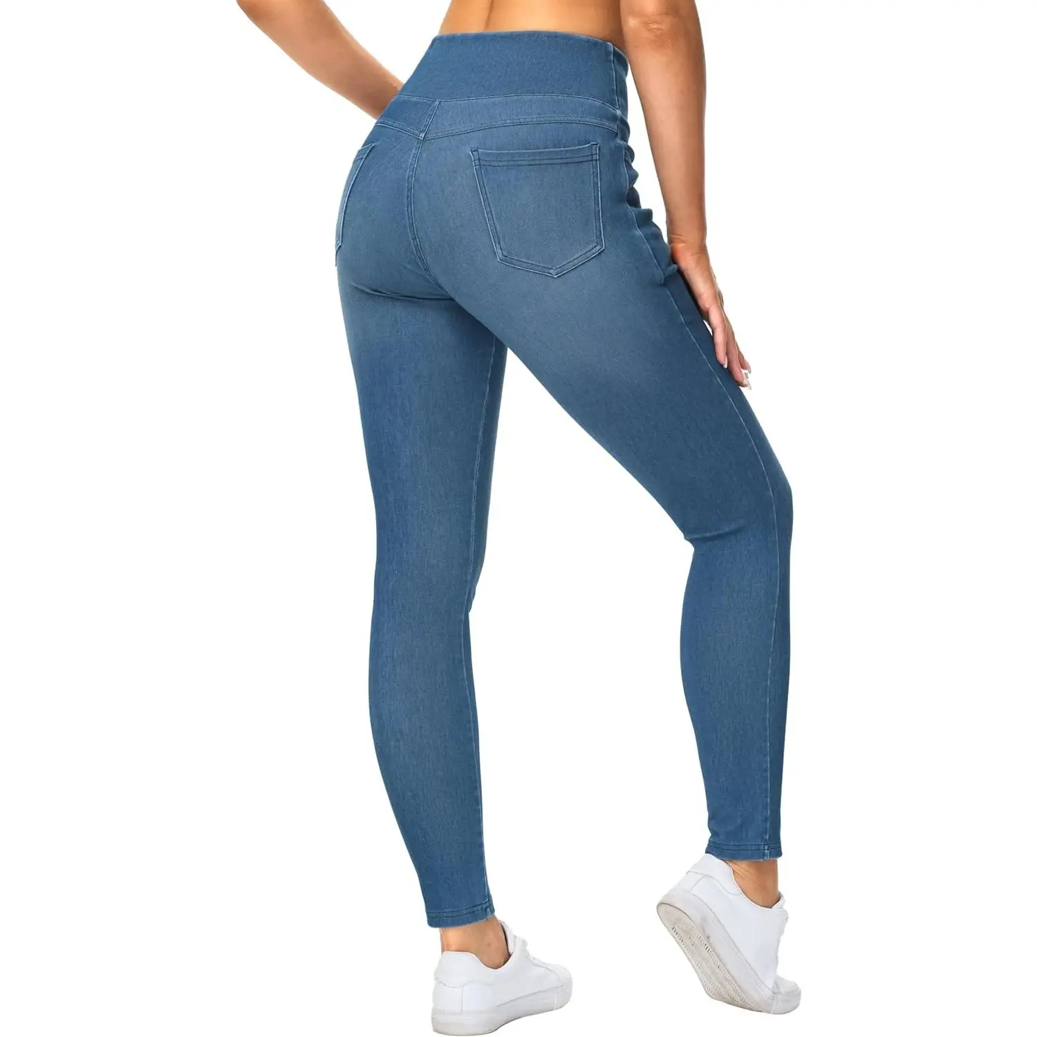Women's High-Waisted Denim Jeggings, Stretchy Pull-On Skinny Leggings with Tummy Control and Pockets