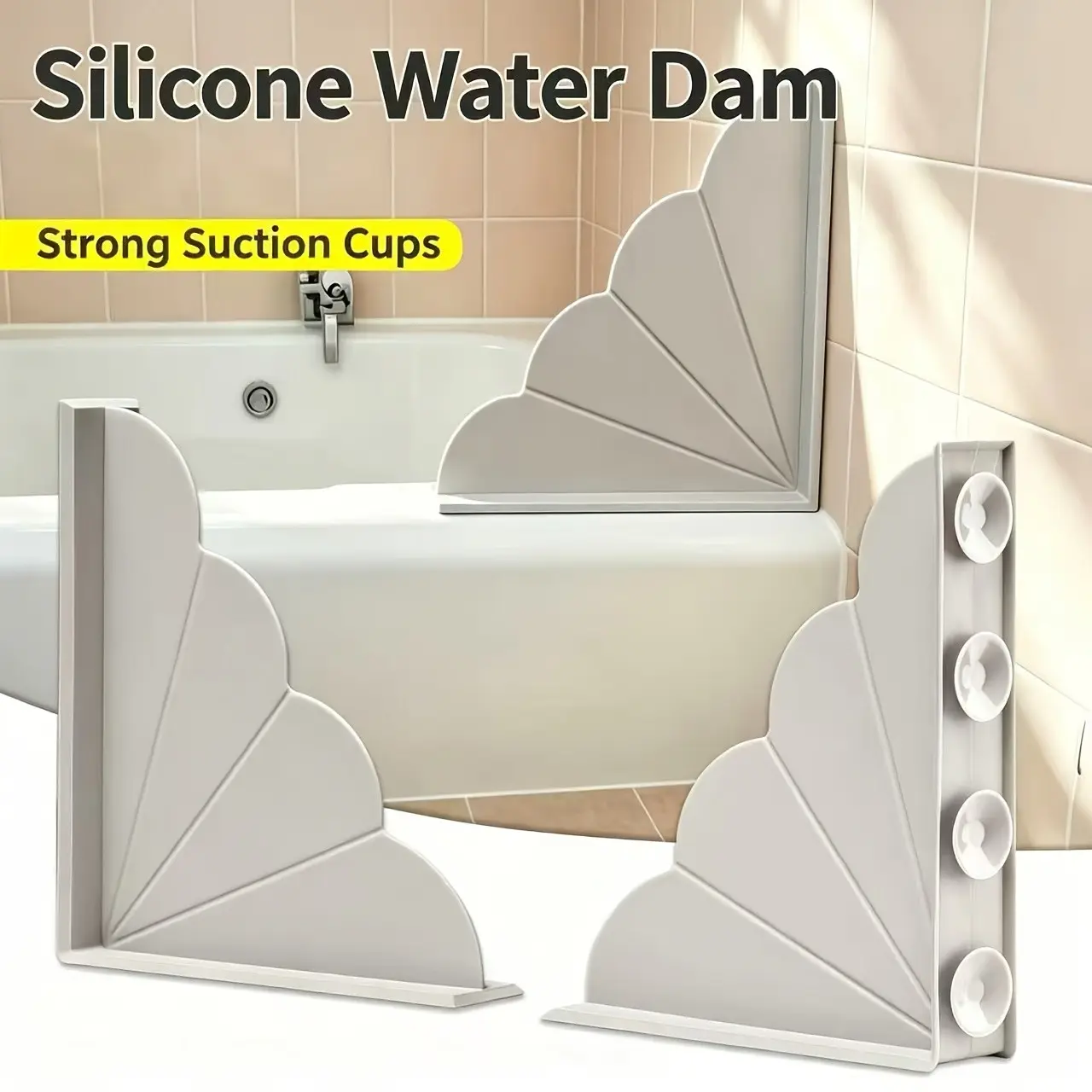 Silicone Bath Tub Water Barrier with Strong Suction Cup, Detachable Corner Waterproof Strip, Shower Splash Guard for Bathtub Edge