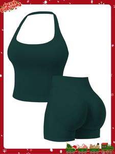 two-piece set women's solid color halter top & high waist shorts sports set, sporty breathable quick drying outfits for yoga gym workout running, ladies sportswear for summer, workout clothes