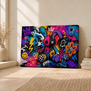 Colorful Graffiti Bunny Doll Canvas Wall Art, Pop Street Art Poster, Cute Urban Wall Decor for Living Room, Bedroom, Kids Room, Teen Room, Game Room, Studio, Unframed Canvas Poster or Framed Canvas Wrap