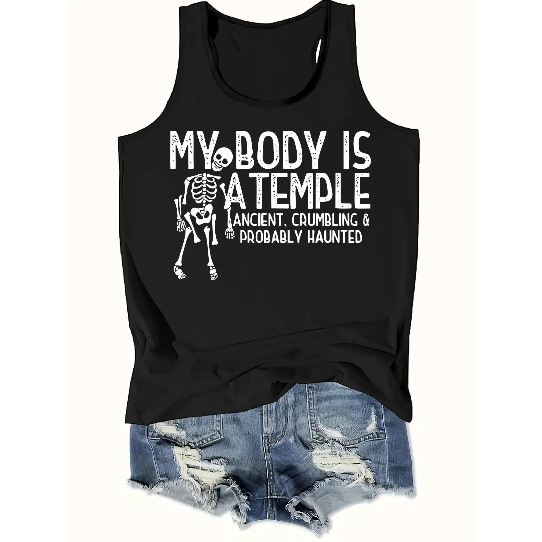 Women'S Casual Sleeveless Tank Top with Spooky Skeleton Graphic - "My Body Is a Temple" Print, Black, Round Neck, Lightweight & Breathable for Spring/Summer, Summer Tank Tops