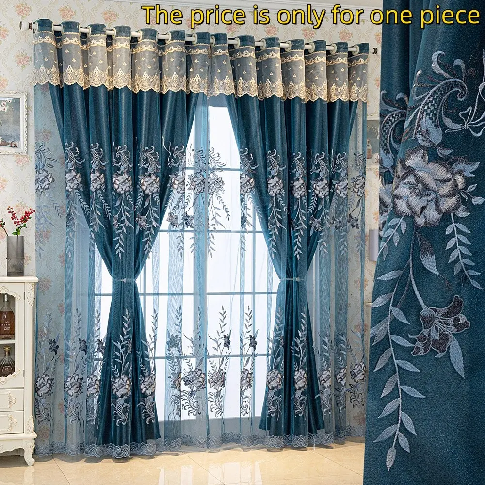 New Style Blackout Curtain Fabric, Bedroom Nordic Minimalist Living Room Balcony Large Double Layer Embroidered Window Sheer Floor-To-Ceiling Window Drapes Window Curtains