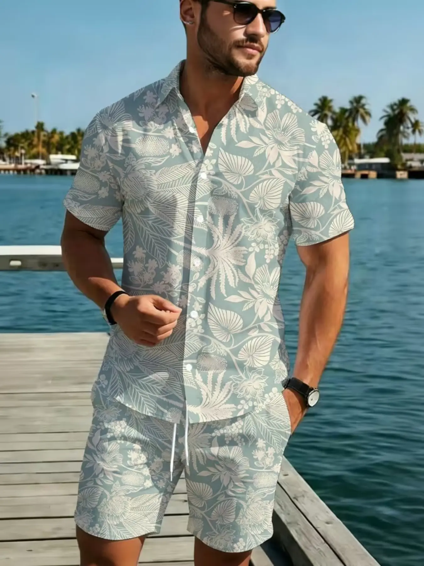 Men's Summer Two-Piece Set: Short Sleeve Floral Shirt with Shorts, Light Blue, Breathable Quick-Dry, Ideal for Beach, Resort, Outdoor Dining