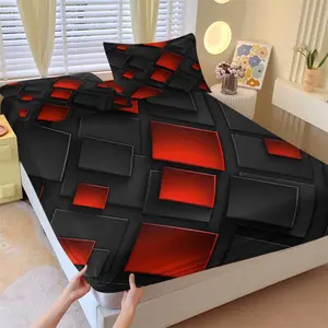 Red and Black 3D Cube Square Print Bed Sheet Set, Gradient Black And Red With Red-Black 3D Rectangle Block Design, Soft Breathable Fabric, Anti-Slip Deep Pockets, Gaming Style Bedroom Decor