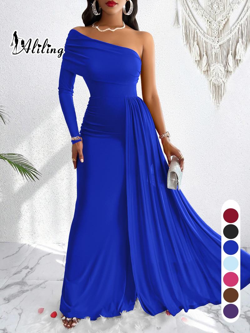 Aliling Women's Elegant Christmas Evening Dress, Asymmetrical One-Shoulder Maxi Gown, High-Waisted Ruched Long Dress