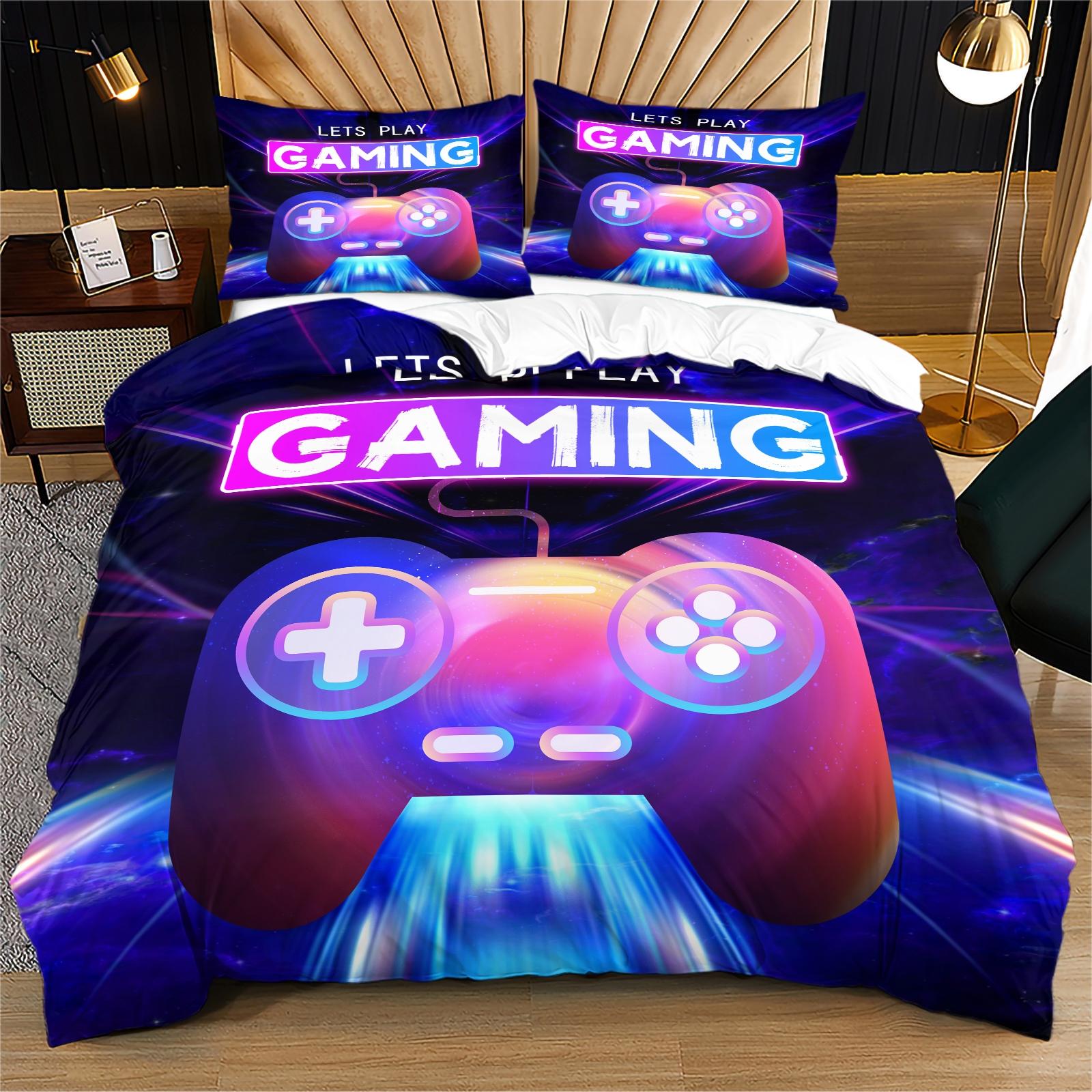 Cool Gaming Controller Pattern Sheet Set with Pillowcase, Soft Polyester Fiber Bedding, Zipper Closure, Breathable, All Seasons Use