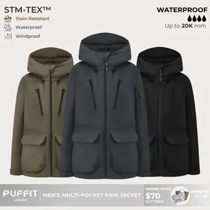 PUFFIT STM-TEX Men’s Multi-Pocket Raincoat,Offering Waterproof,Stain-resistant,Windproof Properties,With 20,000mm Water Column For High Waterproof Performance,Shell Jacket,Spring Jacket,Windbreaker,Dog Walking,School Running,Football Mum