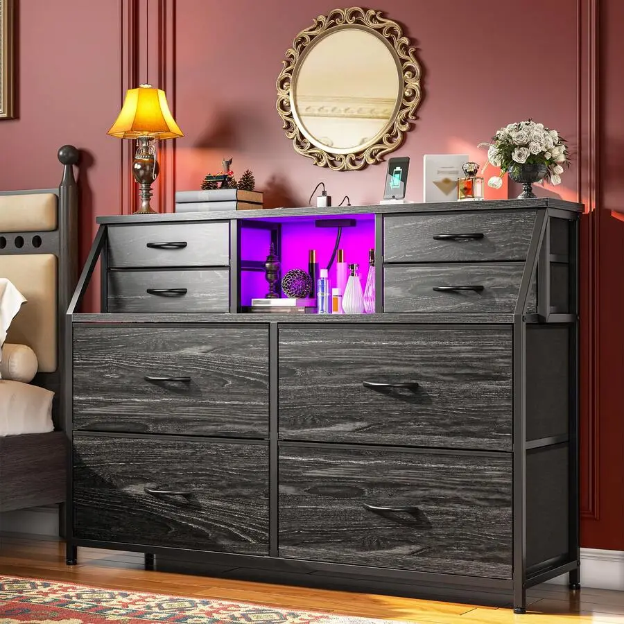 Dresser For Bedroom With 8  Fabric Drawers & LED Lights And Charging Station, Nightstand With Open Shelf For Living Room And Entryway, Easy To Assemble, Black Wood Grain