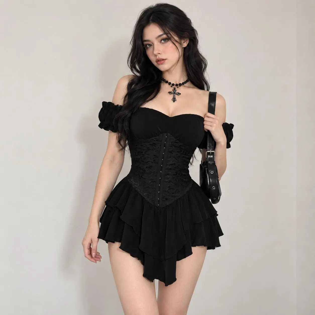 Women's Halloween Gothic Off-Shoulder Chiffon A-Line Mini Dress Costume, Ruched Jacquard Waist, Ruffle Trim, Dark Romantic Spooky Party Outfit