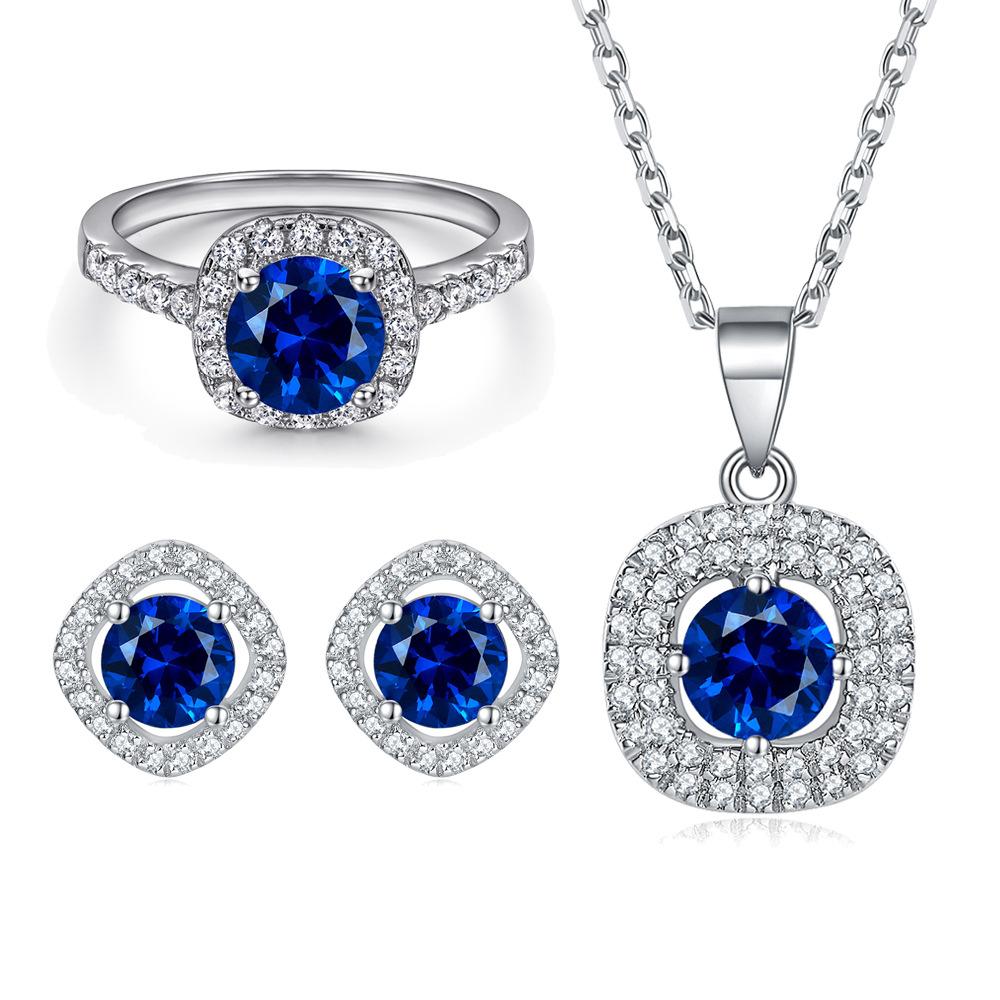 Exquisite artificial gemstone set: s925 sterling silver zircon ruby earrings, aquamarine necklace, pink diamond ring, three-piece jewelry set.Suitable for parties and dances, holiday gifts, and gifts for couples