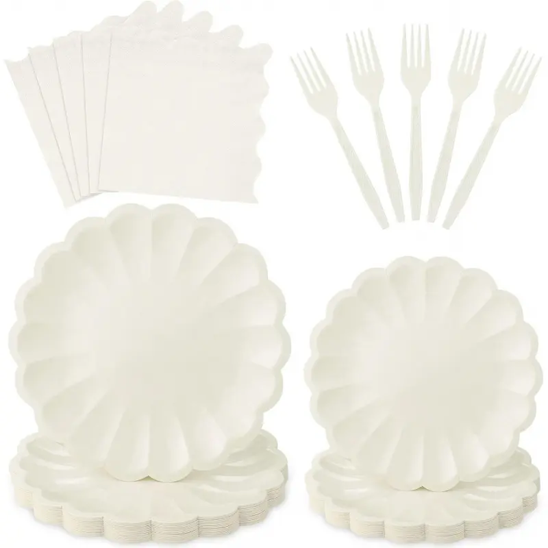 96 Pcs Ivory Paper Plates and Napkins Party Supplies Serve 24 Guests Include Scalloped Dinner Plate 9.5", Dessert Plate 7.5", Napkins Plastic Forks for Baby Bridal Shower Wedding Birthday