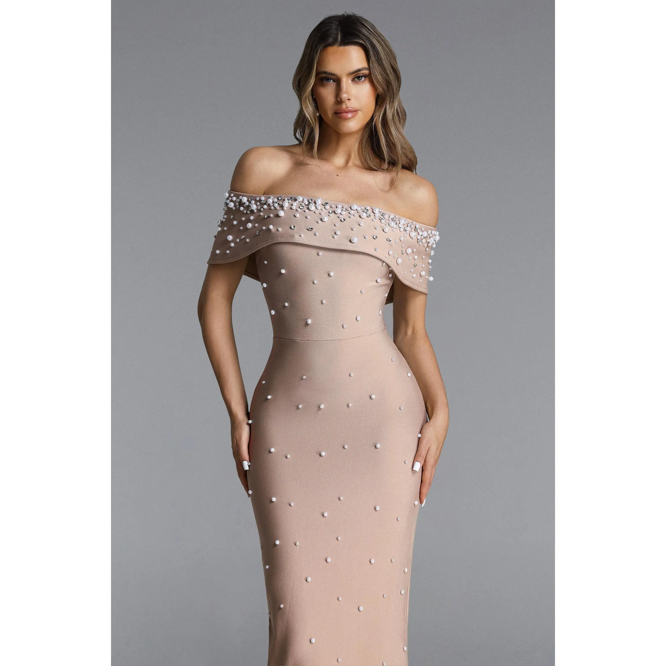 Bella Barnett Isme Women's Bandage Maxi Dress, Chic Contour, Off-Shoulder, Pearl Rhinestone - Premium Fabric Garment with Flattering Fit