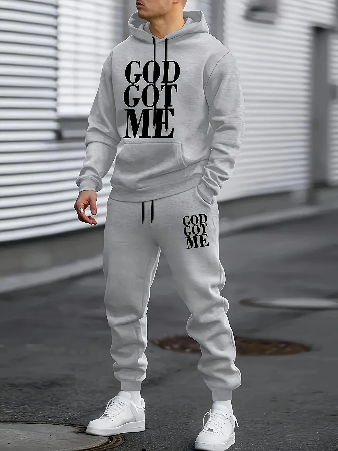 Casual hoodie and sweatpants set - fleece lining, long sleeves, printed design |   machine washable