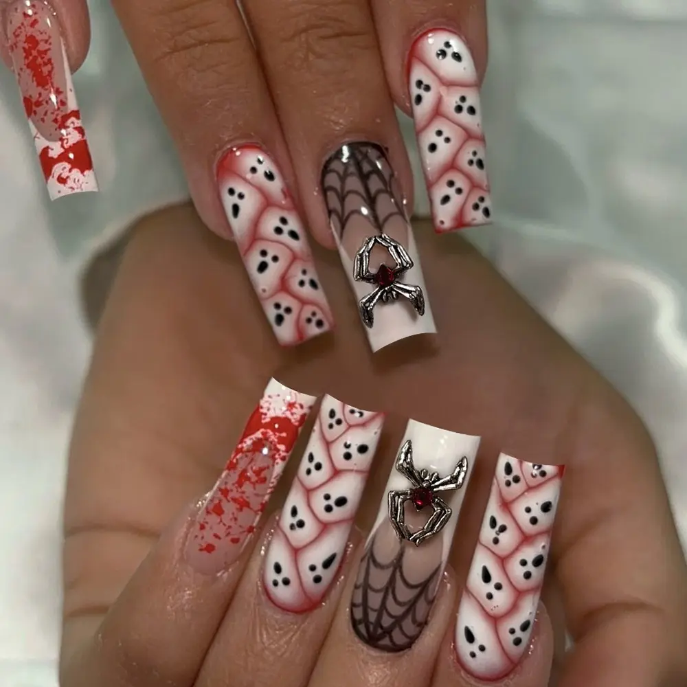 Halloween 24pcs Long Coffin Press-On Nails, Pearl Ghost Blood Drop Design, Acrylic Set Includes Jelly Glue and Nail File